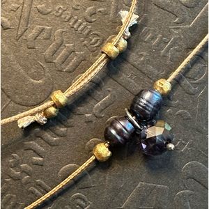 ARTISAN Dark Purple Crystal Black Pearl Brass Bead Tan Cord Adjustable Necklace